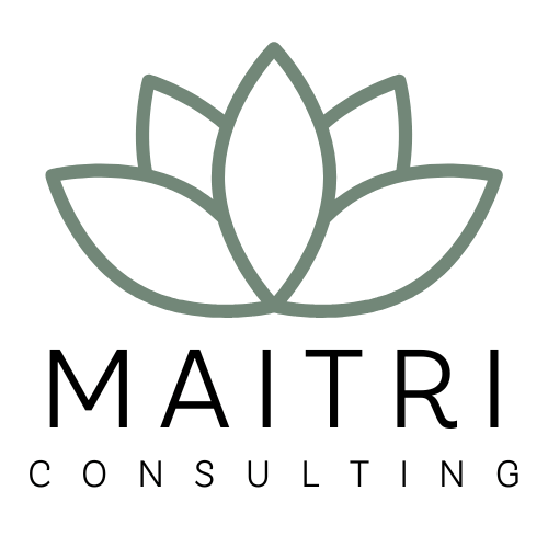 A minimalist green lotus flower logo above the text "MAITRI CONSULTING" in black capital letters on a white background, inspired by Pasado's Celebration of Love event.