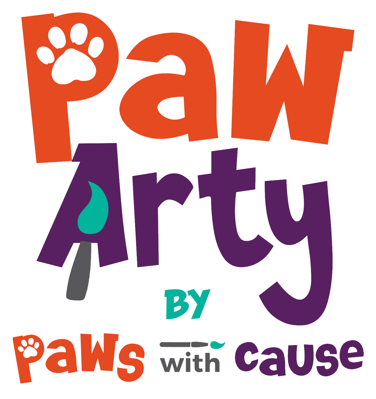 Paw Arty by Paws with Cause logo features playful, colorful text and a paintbrush graphic, perfect for adding creative flair to events like Pasado's Celebration of Love.