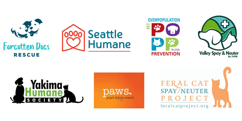 A collage of seven logos for animal rescue and spay/neuter organizations, featuring dogs, cats, paw prints, and organization names—perfect for highlighting World Spay Month awareness.