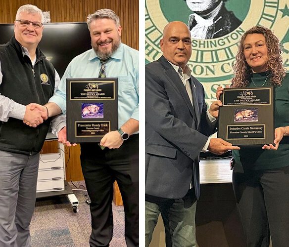 Two photos: On the left, two men shake hands and hold the Bucky Award for Excellence; on the right, a man and a woman proudly display a similar award plaque together.