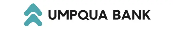 Umpqua Bank logo featuring two teal arrow shapes stacked above the bold black text "UMPQUA BANK" on a white background, reflecting its commitment to Community Partners.
