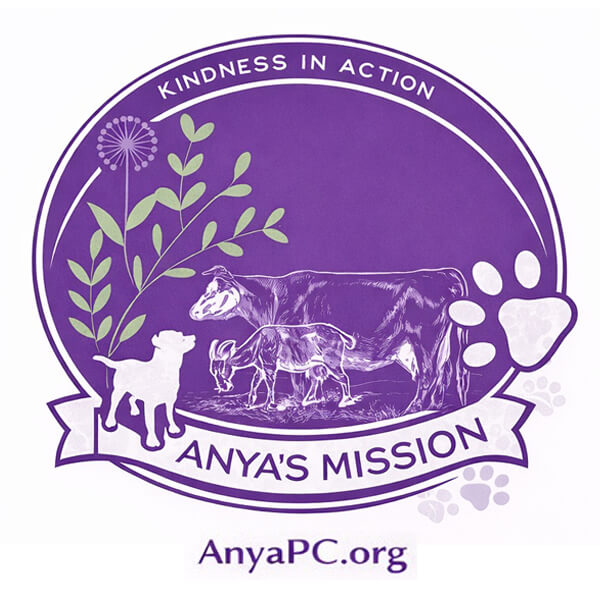 Purple logo for Anya’s Mission featuring cows and a dog, with the text “Kindness in Action,” the website AnyaPC.org, and a nod to Pasado's Celebration of Love event.