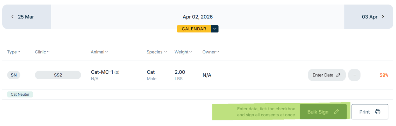 A digital veterinary consent form interface showing cat details, data entry fields, consent status, and options to bulk sign or print—designed to support scheduling guidelines and streamline client scheduling for volume clients.