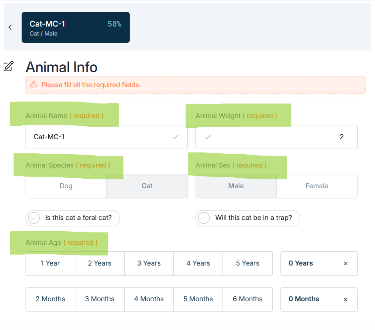 Animal info form with fields for name, weight, species, sex, age, and options like feral cat or trap status—some required. Ideal for facilities implementing Client Scheduling Guidelines or managing Volume Scheduling efficiently.