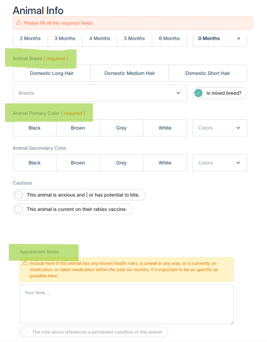 A form titled "Animal Info" with fields for breed, color, and cautions, plus appointment notes requesting details on the animal’s health and medication, helps support Client Scheduling and ensures smooth visits.