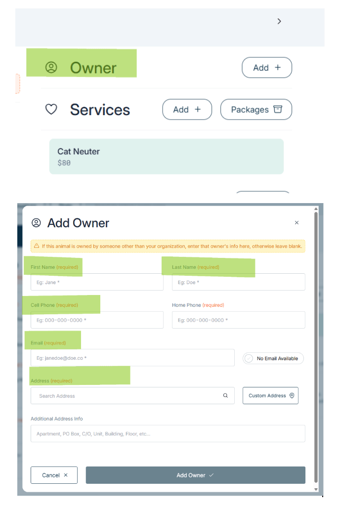 Screenshot of a pet service management interface featuring Client Scheduling for a cat neuter service at $80, alongside an 