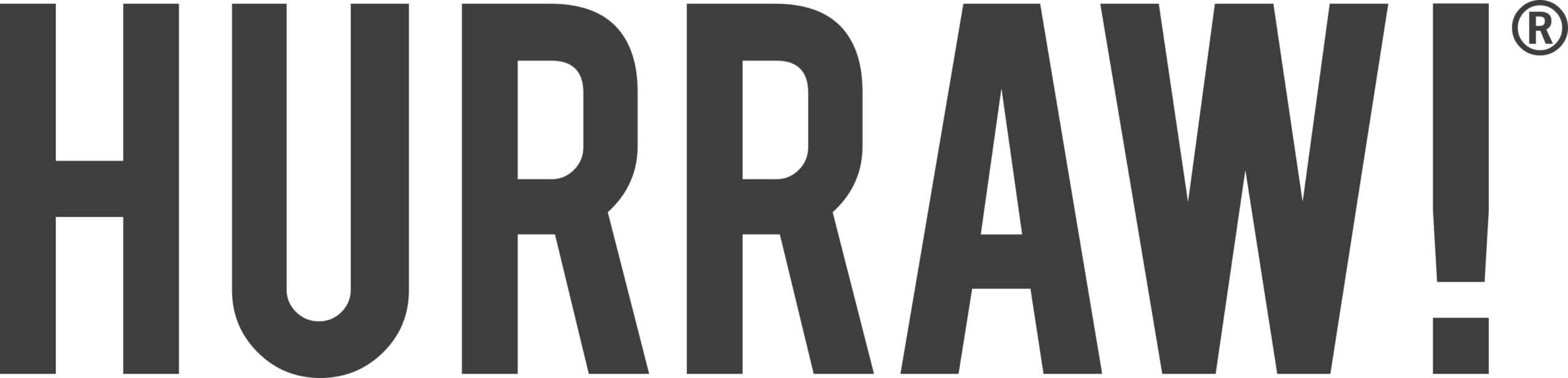 Black, bold capital letters spelling "HURRAW!" with a registered trademark symbol on a white background, inspired by the energy of Pasado's Celebration of Love event.