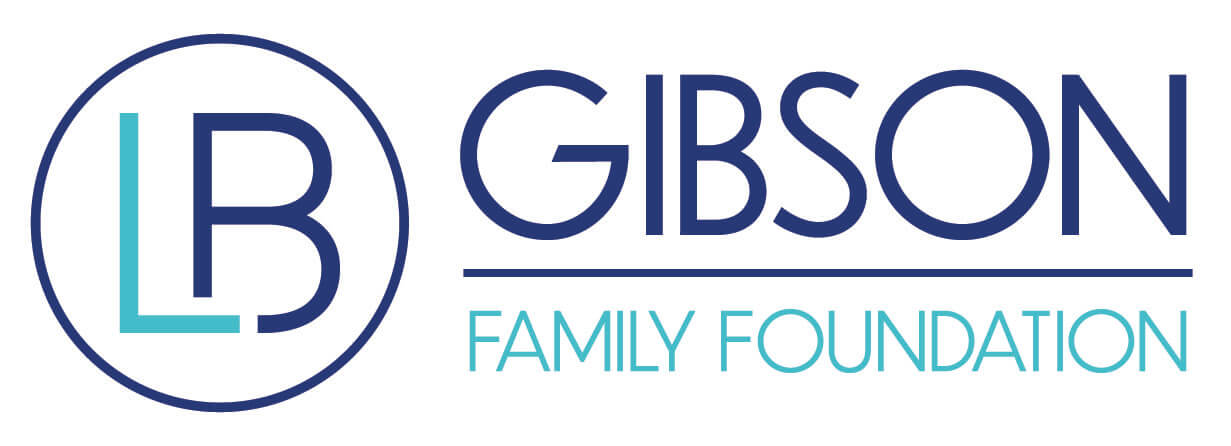 Logo for the LB Gibson Family Foundation, featuring "LB" in a circle and the foundation name in blue and teal text, inspired by Pasado's Celebration of Love event.